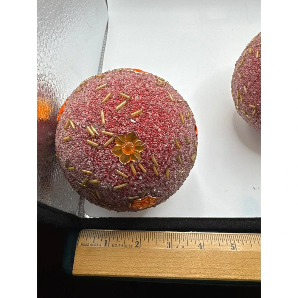 Red Sugar Beaded Christmas Ornaments with Orange Flower Sequins Set of 2 4in